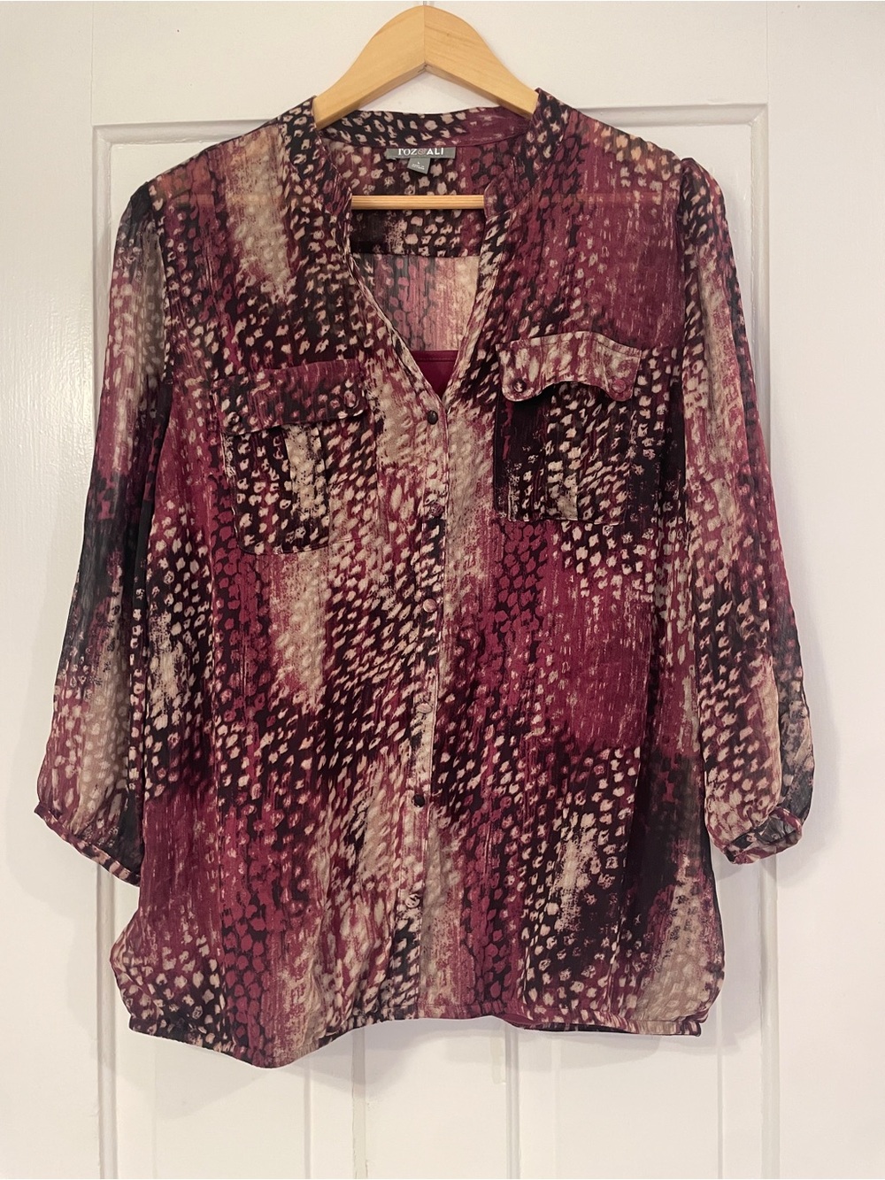 Roz & Ali Purple Pink Abstract Sheer Button Front Blouse Chest Pockets L